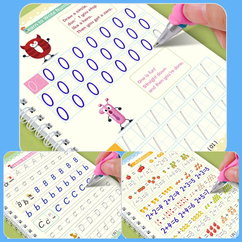 A set of reusable magic copybooks showing various early writing skills exercises like drawing numbers and letters.