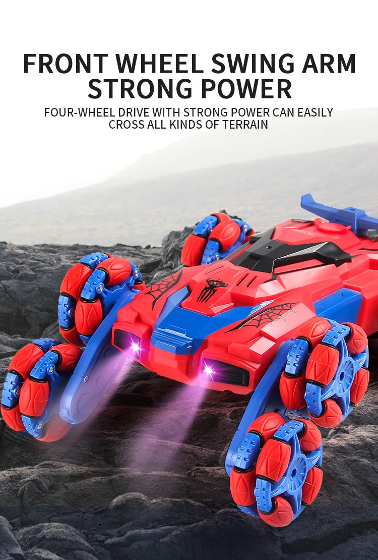 Red front wheel swing arm strong power four-wheel drive stunt car in rugged terrain