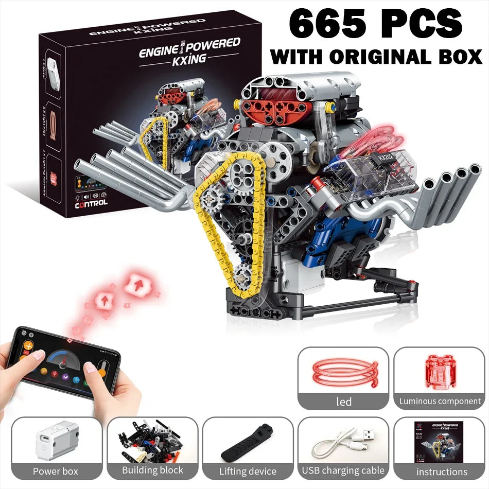 Technical V8 Engine Model Building Kit with LED Lights and App Control