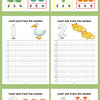 Preschool math workbook pages showing number tracing, counting, and basic addition/subtraction exercises for numbers 3 throug