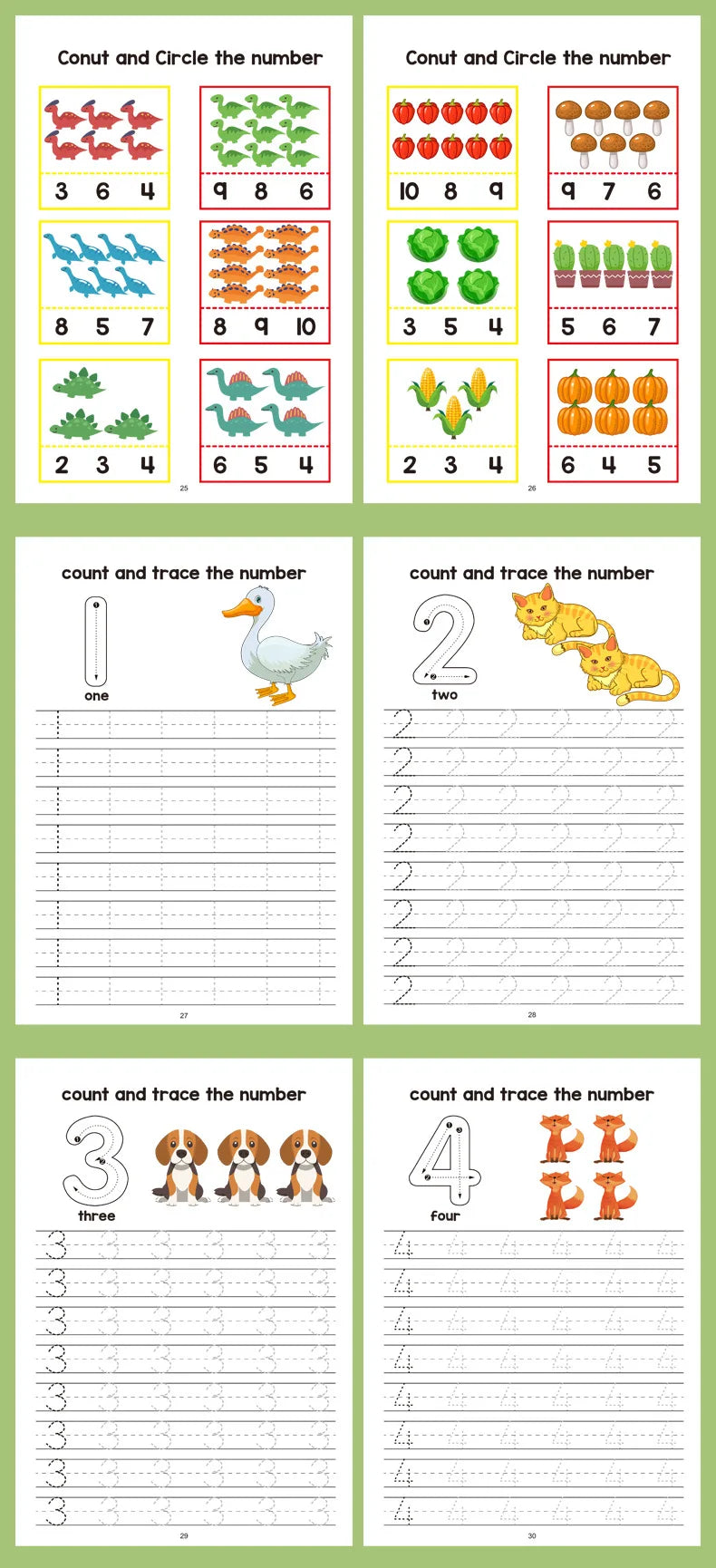 Preschool math workbook pages showing number tracing, counting, and basic addition/subtraction exercises for numbers 3 throug
