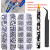Nail art rhinestone kit including two boxes of rhinestones, a point drill pen, and tweezers.