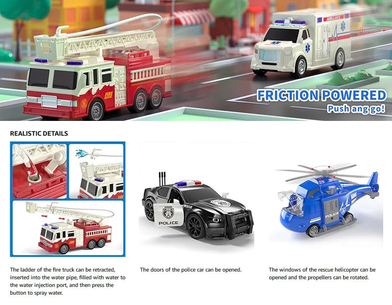 A 4-pack of friction powered emergency vehicle playset featuring a white ambulance and a white police van.