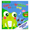A colorful book cover titled Concentration Training featuring a green frog and text about observation ability.
