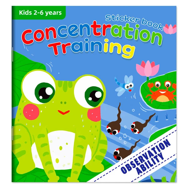 A colorful book cover titled Concentration Training featuring a green frog and text about observation ability.