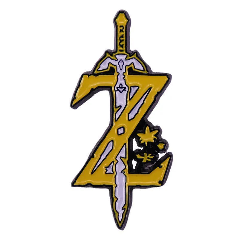 A set of enamel pins featuring a stylized yellow and purple design resembling the number 3.