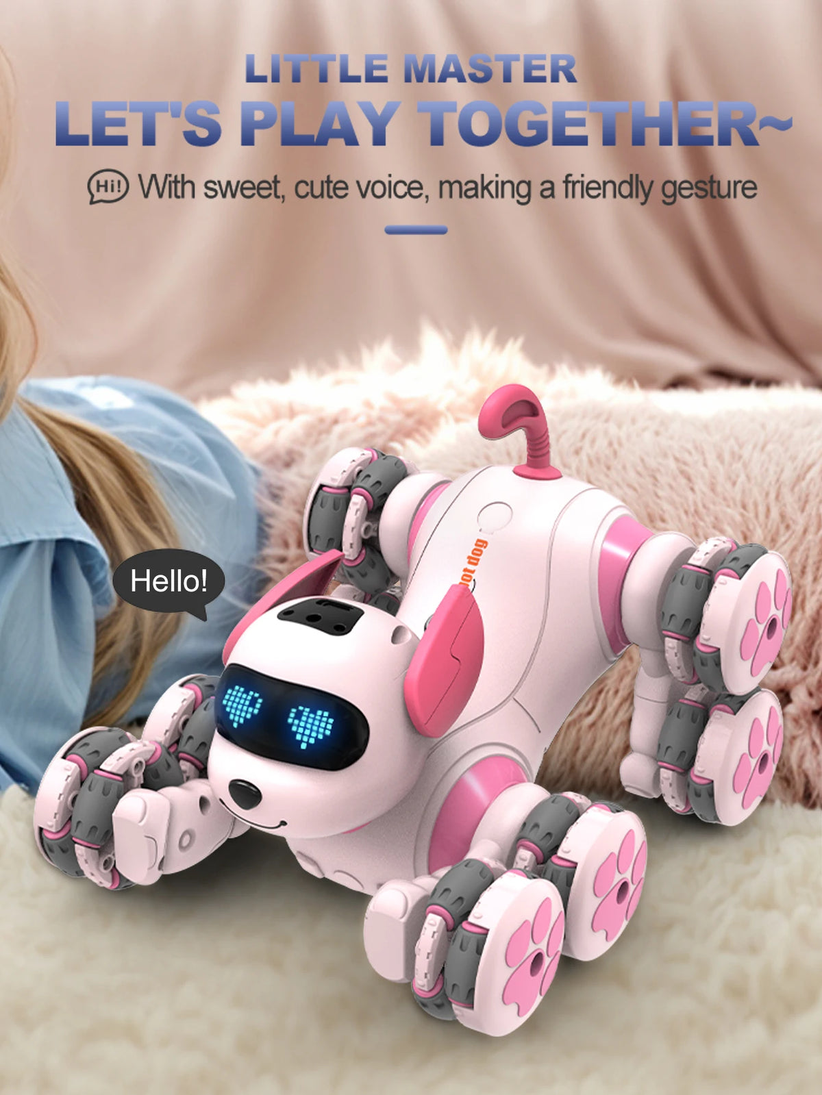 A pink remote control stunt robot dog with large wheels is shown lying on a fluffy surface.