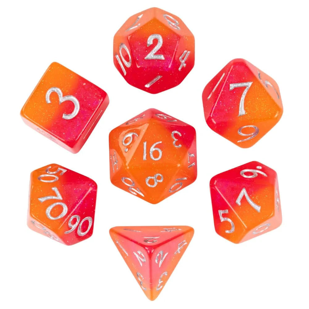 A set of ten polyhedral dice made of glitter resin in various colors and shapes for tabletop role-playing games