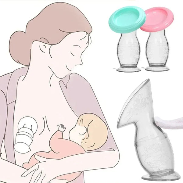 A manual breast pump and replacement parts are shown next to a woman breastfeeding her baby.