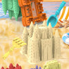 A set of beach castle sand play featuring various colored sand molds, a green bucket, and an orange scoop.