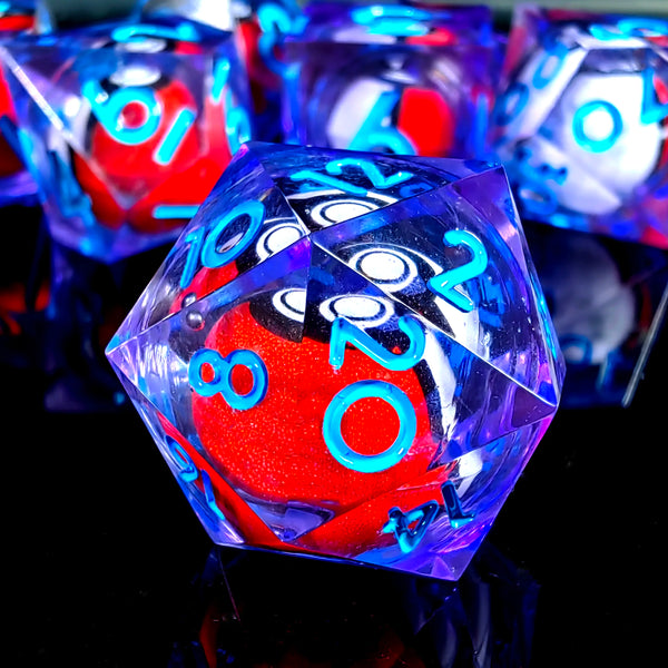 A close-up view of a translucent purple polyhedral dice set with red and blue markings, resting on a reflective surface.
