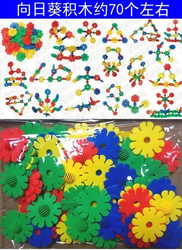 A collection of colorful snowflake building blocks in various shapes and colors.
