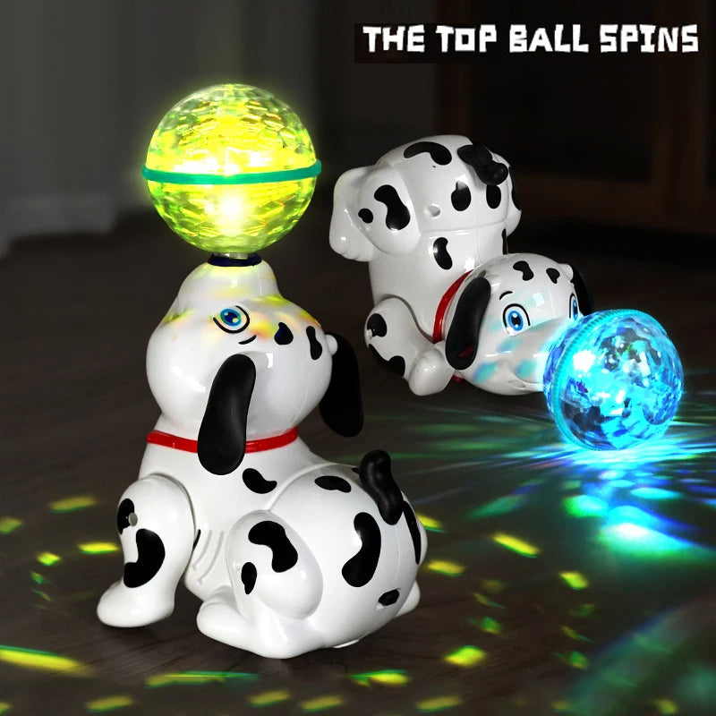 A white and black dalmatian toy with a glowing yellow ball is shown on a dark surface.