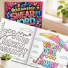 A colorful coloring book featuring bold and easy swear word designs, with a page showing vacation themes.