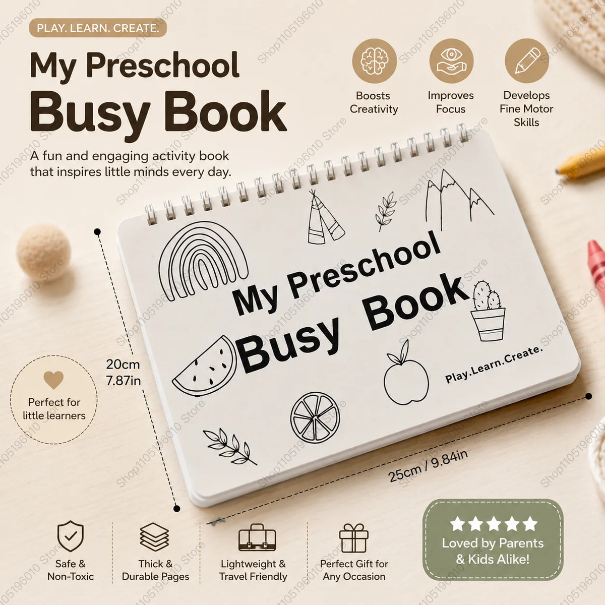 A white preschool busy book with illustrations and learning activities for young children.