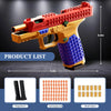 A red and gold building block toy gun is shown with its parts listed below.
