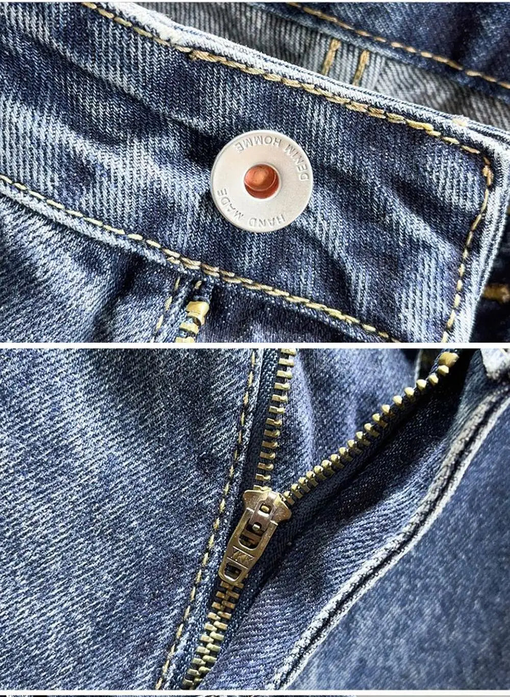 Close-up of dark blue denim jeans showing a metal button and a zipper detail.