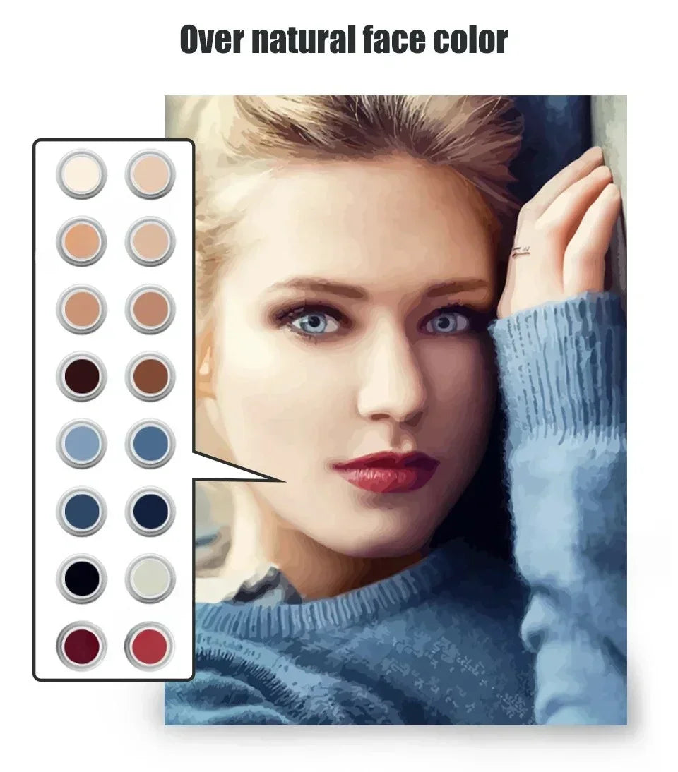 A woman's face is shown with color swatches and a painting of her portrait over natural skin tone.