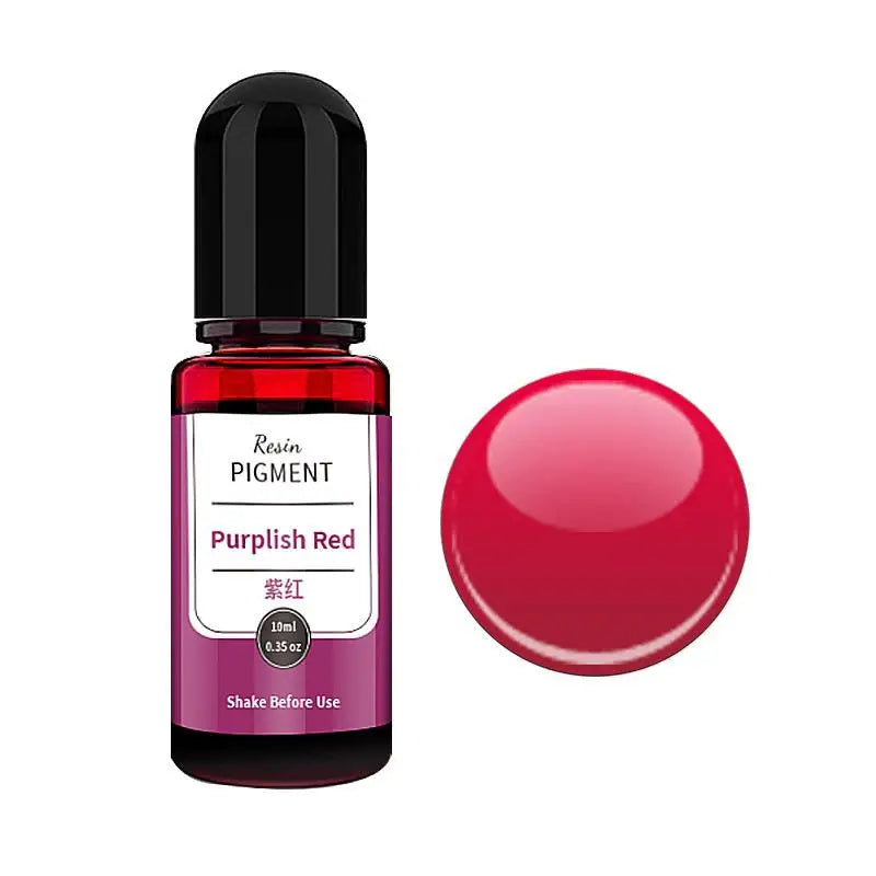 A small dark glass bottle of Purplish Red resin pigment next to a round red pigment disk.