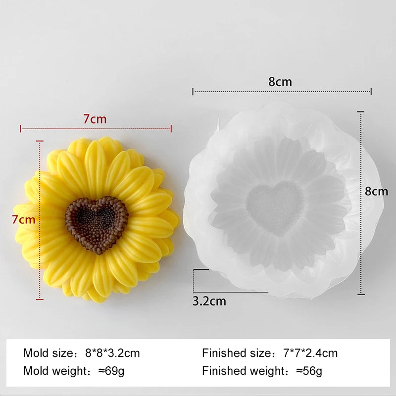 A yellow silicone mold shaped like a sunflower is shown next to its finished product, demonstrating the size and weight.