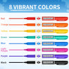 A display of eight vibrant colored Multicolour dry erase markers, including red, orange, yellow, green, blue, light purple, p