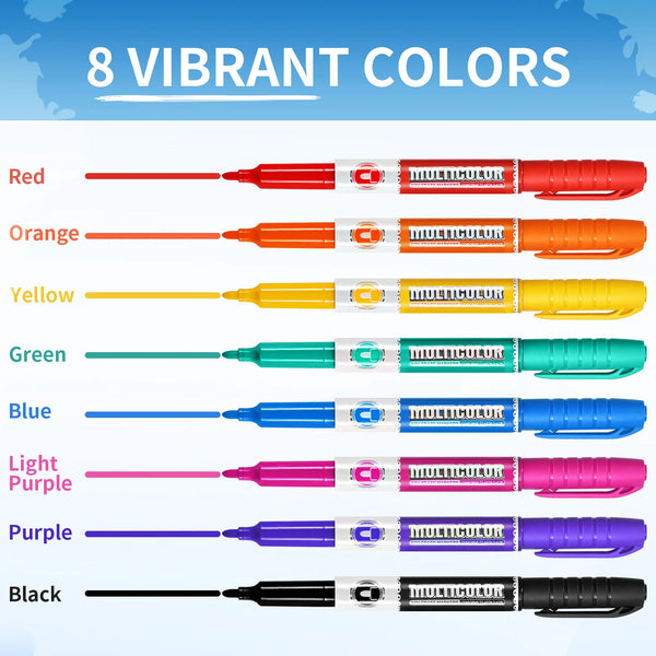 Ocho marcadores de borrado en seco multicolores vibrantes: rojo, naranja, amarillo, verde, azul y lila claro.