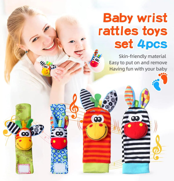 A set of four baby wrist rattles toys in various colors and designs shown next to a smiling woman.