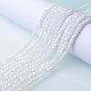 A close-up of white faceted glass crystal beads strung together, draped over a white cylindrical object.