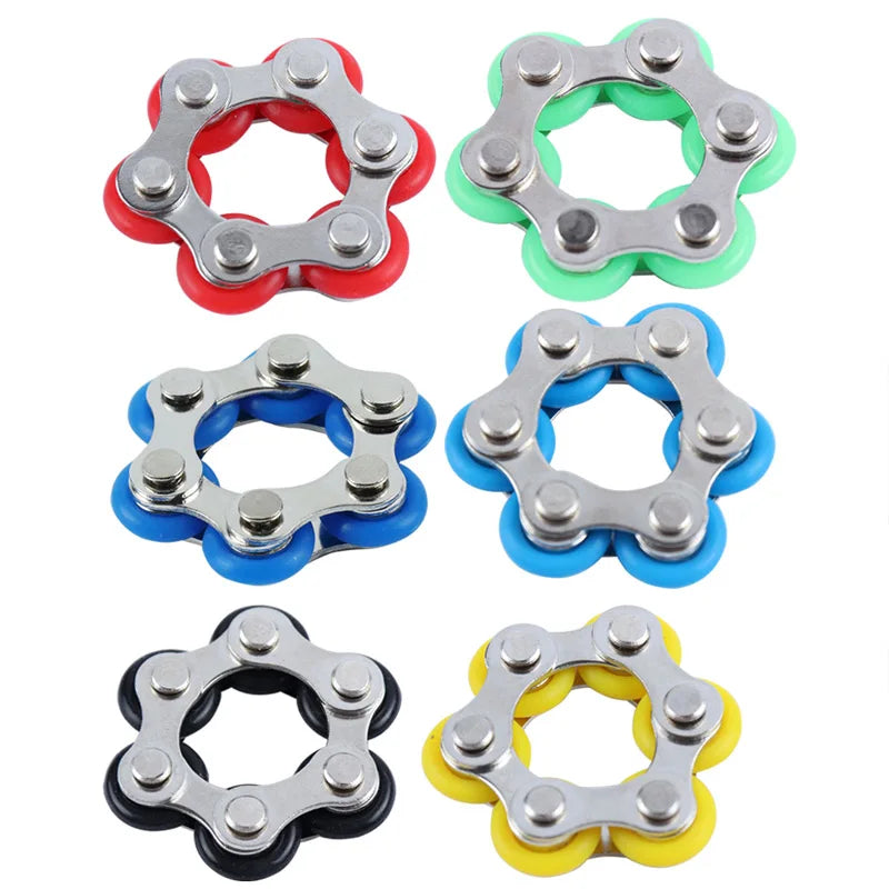 A collection of colorful flippy bike roller chain fidget toys in various colors like red, green, blue, and yellow.