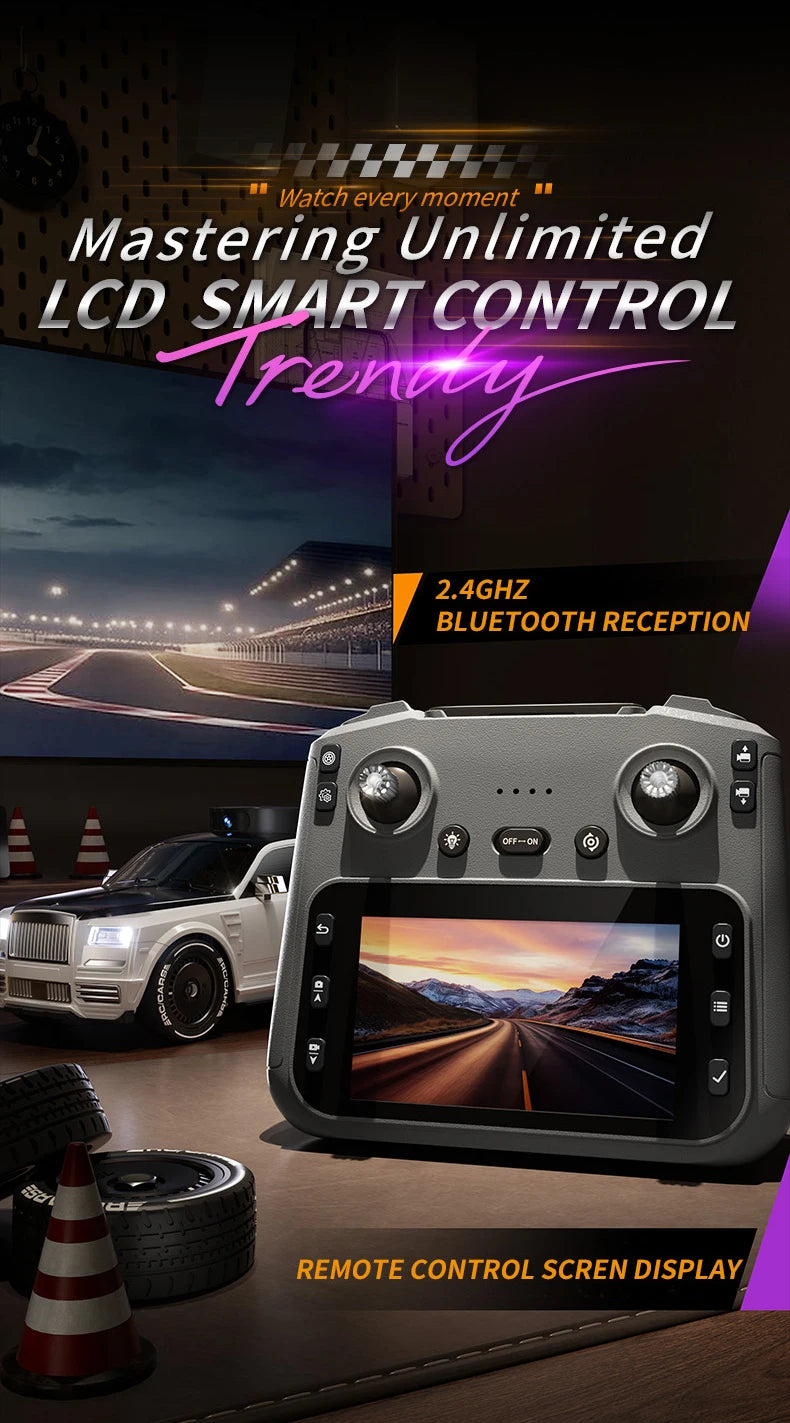A gray remote control device is shown with a screen displaying a scenic view, set against a backdrop of a car and racing equi