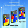 A slide puzzle game showing three difficulty levels: Low A, medium B, and high C, with colored icons representing pieces.