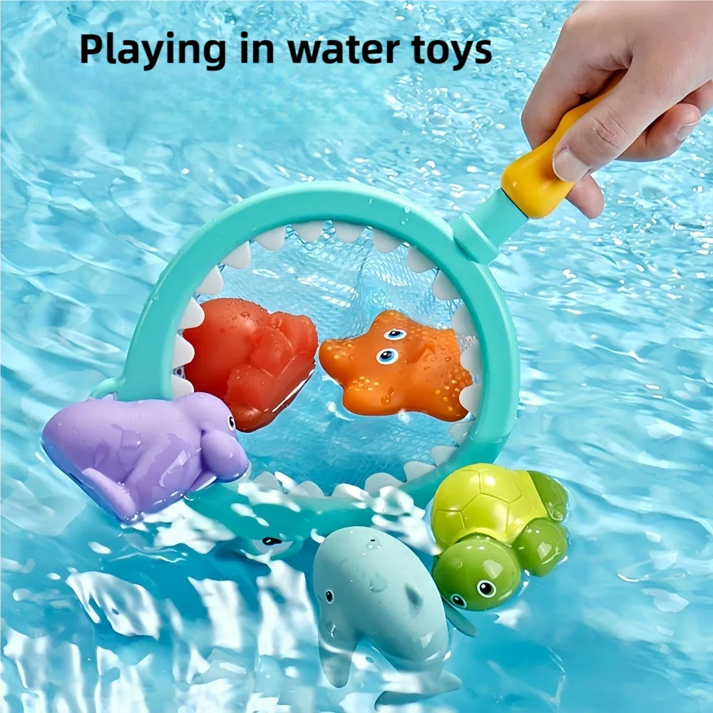 Turtle Water Play Bath Toy Set with Net and Squeeze Animals