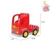 A red city traffic vehicle building block truck with a cab and wheels.