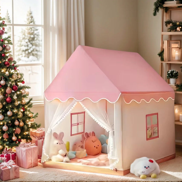 A pink portable fairy tale play tent for kids with a pitched roof and decorative window frames.