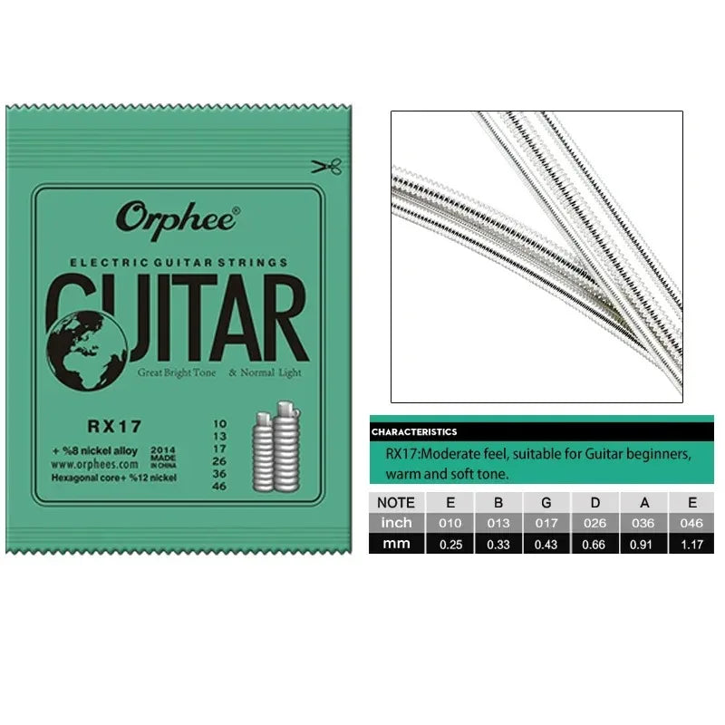 Packaging for Orphée guitar strings, showing a diagram of the string gauge and dimensions.