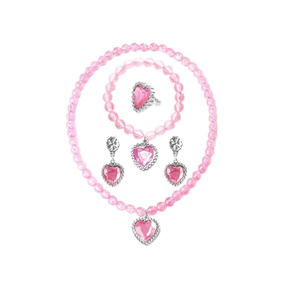 A pink beaded princess jewelry set featuring a necklace and earrings.