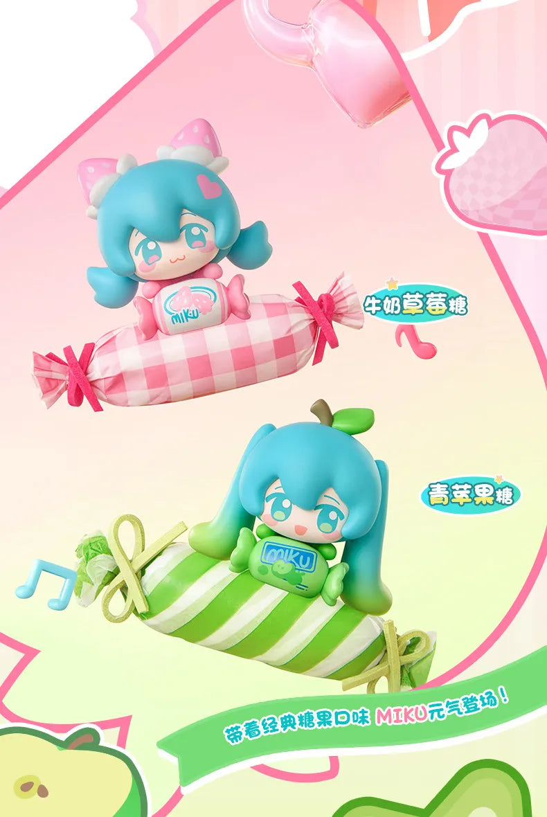 A blind box figure of Hatsune Miku in a pink and green striped candy theme, featuring a cute face and accessories.