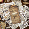 A close-up view of a vintage label sticker book filled with various aged and historical-themed labels for scrapbooking.