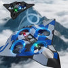 A blue and black stunt glider with LED lights and propulsion systems is shown against a snowy mountain background.