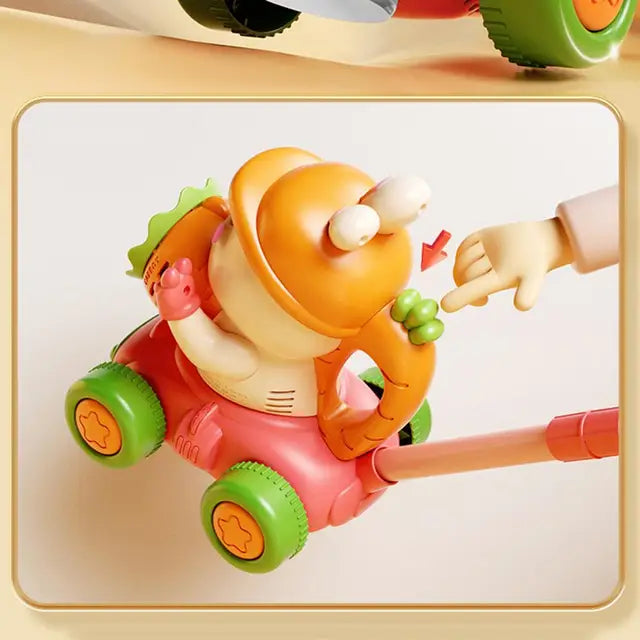 A plastic toy of a character riding a pink bubble machine with green wheels and an orange hat.