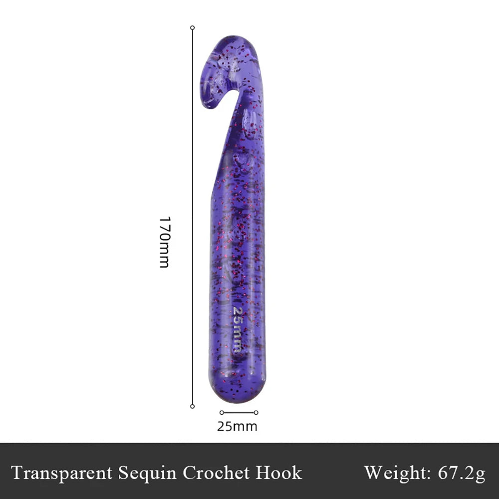 A purple transparent sequin crochet hook with a 25mm size marked on the side.