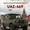 A green UAZ-469 off-road simulation car is shown in a muddy environment.