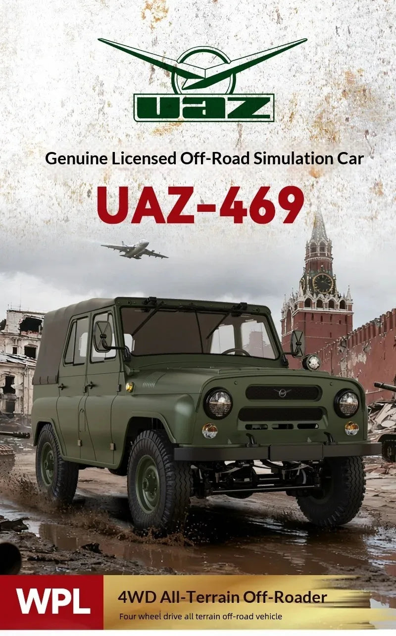 A green UAZ-469 off-road simulation car is shown in a muddy environment.