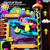 A vertical rush game featuring colorful rolling balls and obstacles in a multi-layered track.