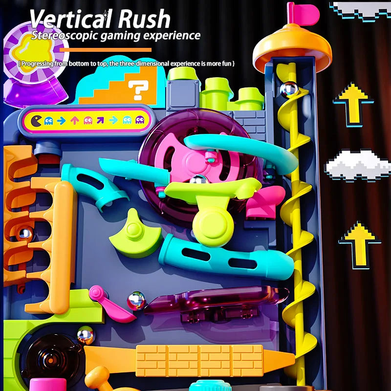 A vertical rush game featuring colorful rolling balls and obstacles in a multi-layered track.