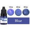A bottle of blue liquid candle dye with three dropper sizes labeled 1Drop, 2Drop, and 3Drop.