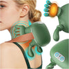 A close-up of a green wireless shiatsu massager being used on a person's neck and shoulder area.