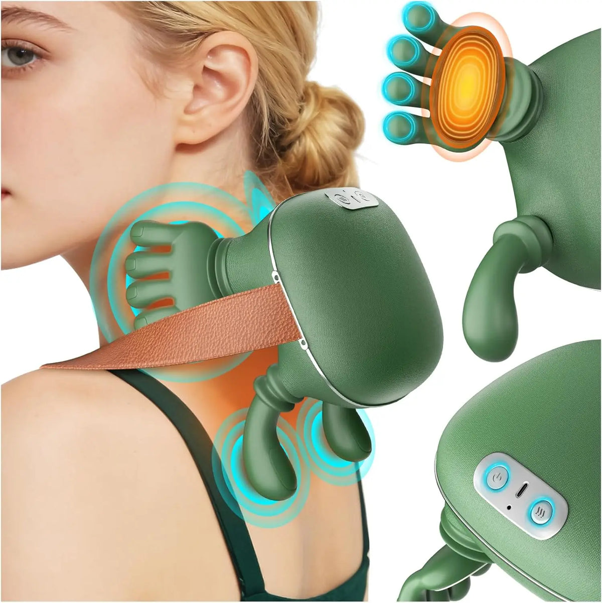 A close-up of a green wireless shiatsu massager being used on a person's neck and shoulder area.