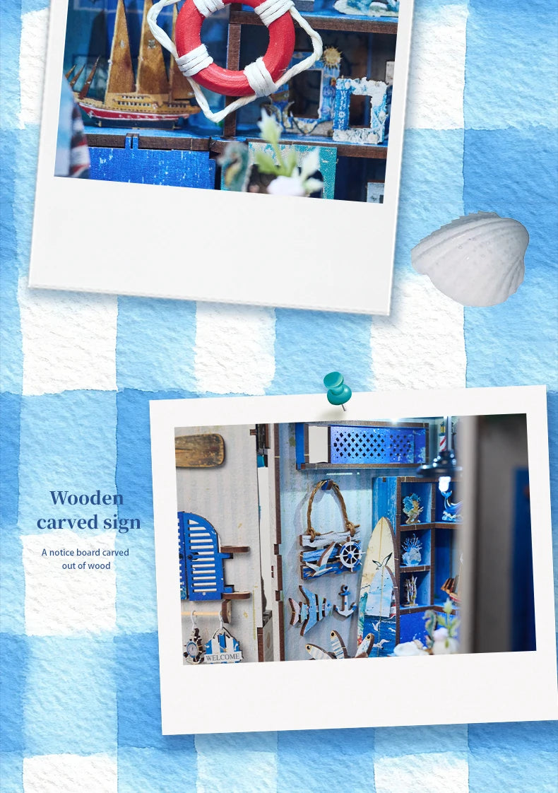 Beach Corner Book Nook Kit – Wooden Miniature Bookend with LED Light
