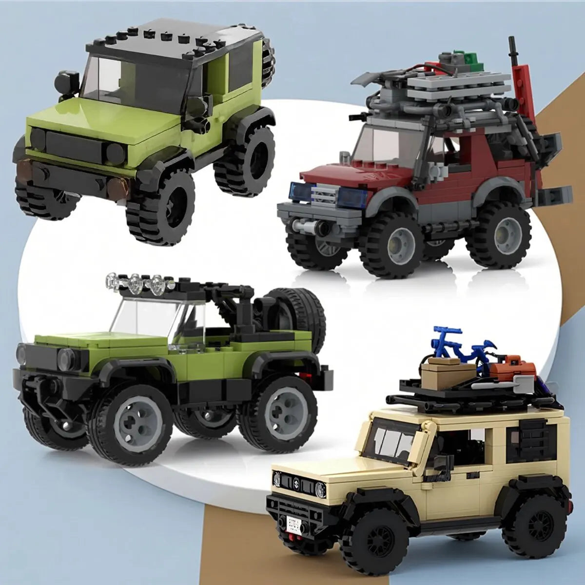 A collection of detailed off-road SUV building blocks in various colors and scales.